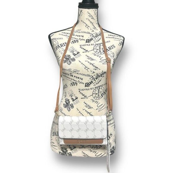 Nicole Miller NWT Cream Logo Crossbody Bag Brown Trim Removable Strap Purse - Picture 1 of 13